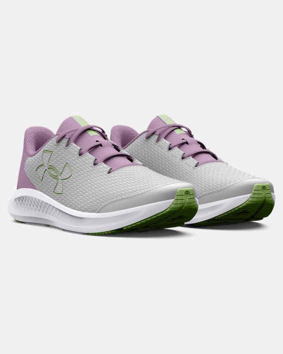 Girls' Grade School UA Charged Pursuit 3 Big Logo Running Shoes in Gray image number 3